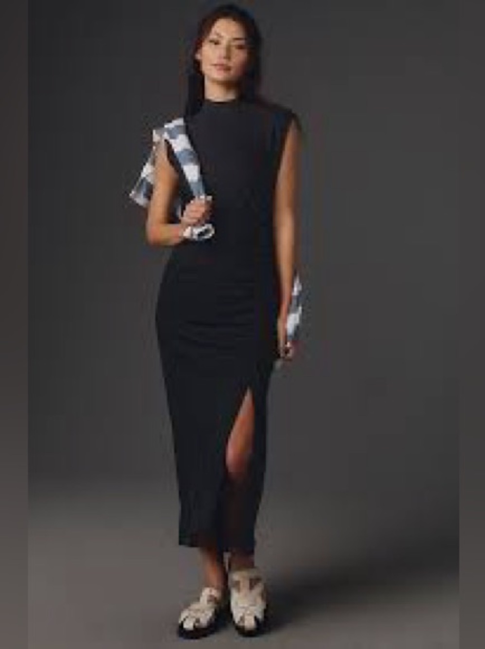 Daily Practice by Anthropologie Mock Neck Ruched Black Midi Dress